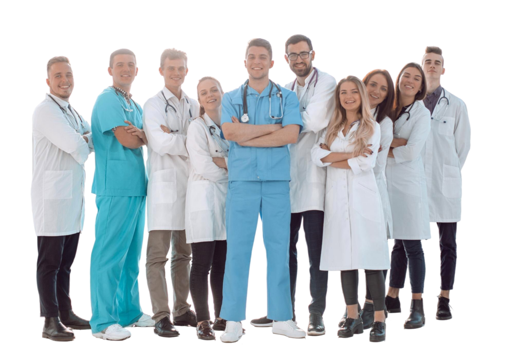 Team aus Betriebsärzten und arbeitsmedizinischen Fachkräften in Arztkitteln und medizinischer Arbeitskleidung. Die Mitarbeitenden stehen gemeinsam vor transparentem Hintergrund und symbolisieren arbeitsmedizinische Betreuung, Gesundheitsvorsorge und betriebliche Gesundheit.