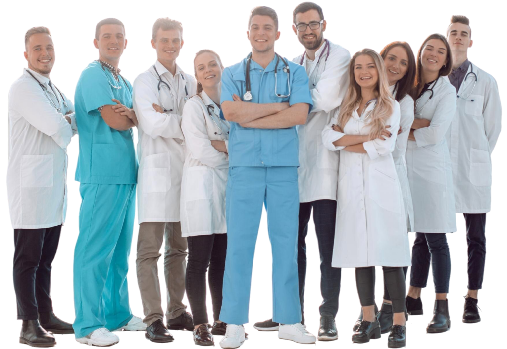 Team aus Betriebsärzten und arbeitsmedizinischen Fachkräften in Arztkitteln und medizinischer Arbeitskleidung. Die Mitarbeitenden stehen gemeinsam vor transparentem Hintergrund und symbolisieren arbeitsmedizinische Betreuung, Gesundheitsvorsorge und betriebliche Gesundheit.